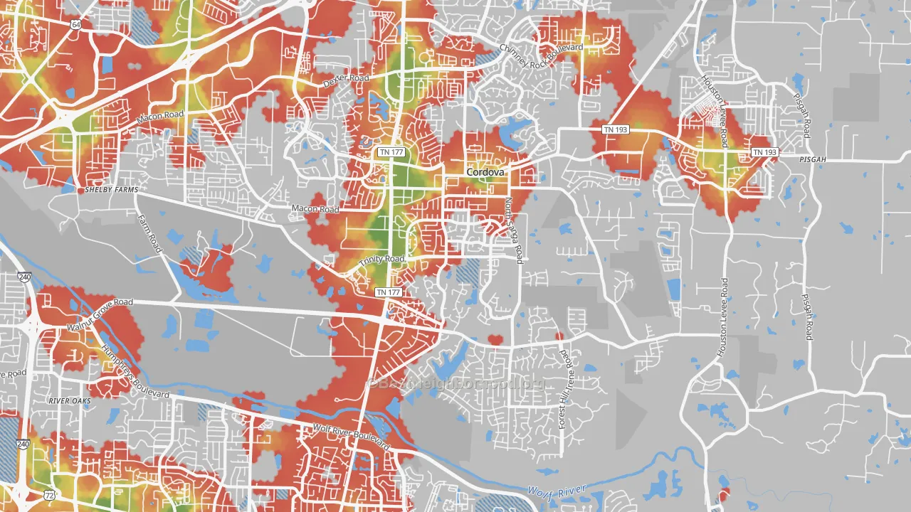 Walk Grade map of 38018, TN, walkable areas in green and car-dependent areas in red