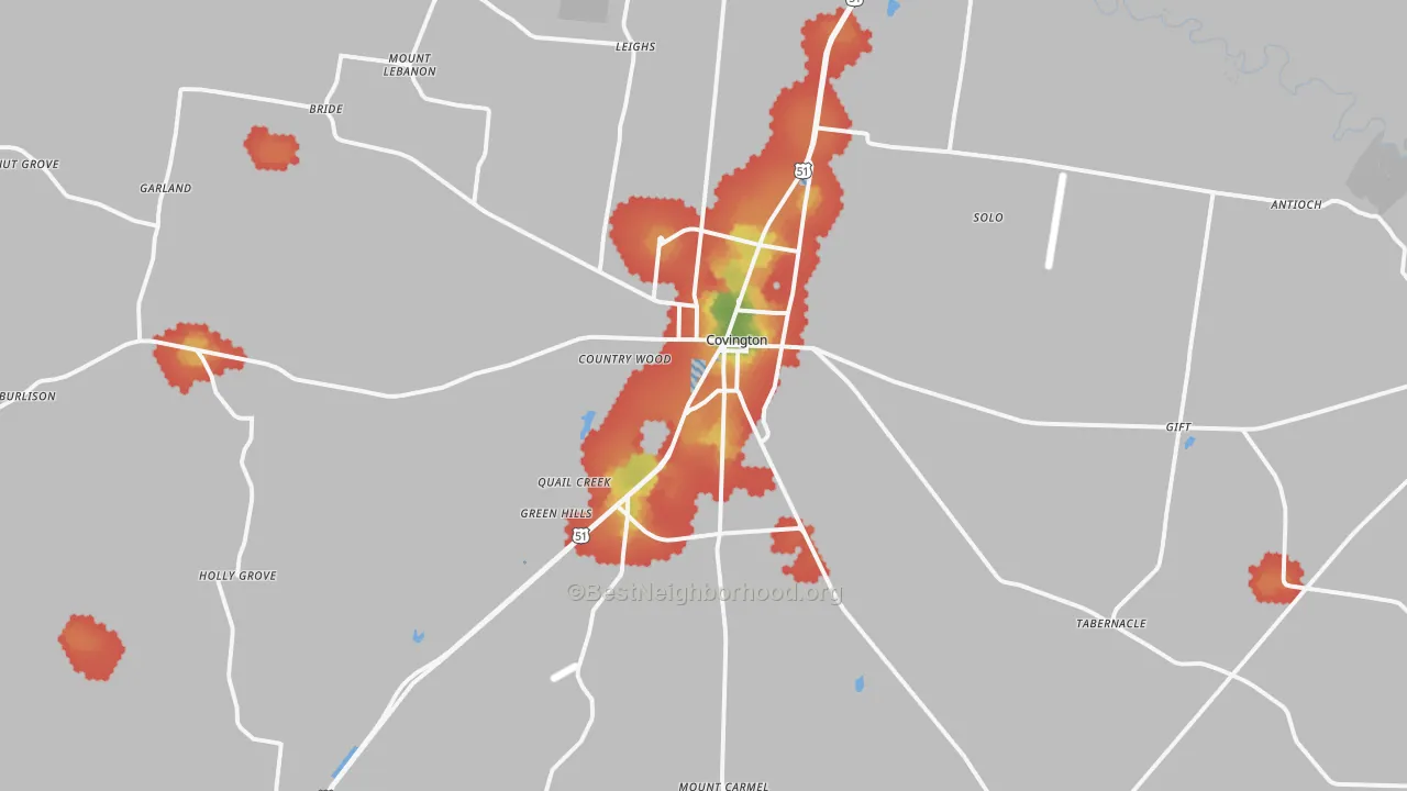 Walk Grade map of 38019, TN, walkable areas in green and car-dependent areas in red