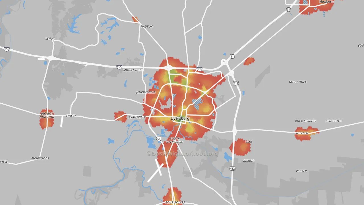 Walk Grade map of 38024, TN, walkable areas in green and car-dependent areas in red