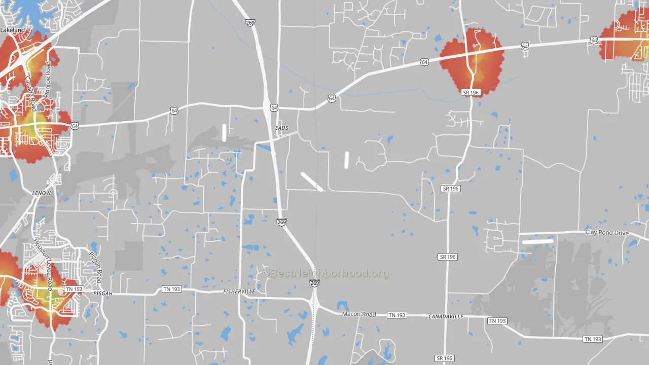Walk Grade map of 38028, TN, walkable areas in green and car-dependent areas in red