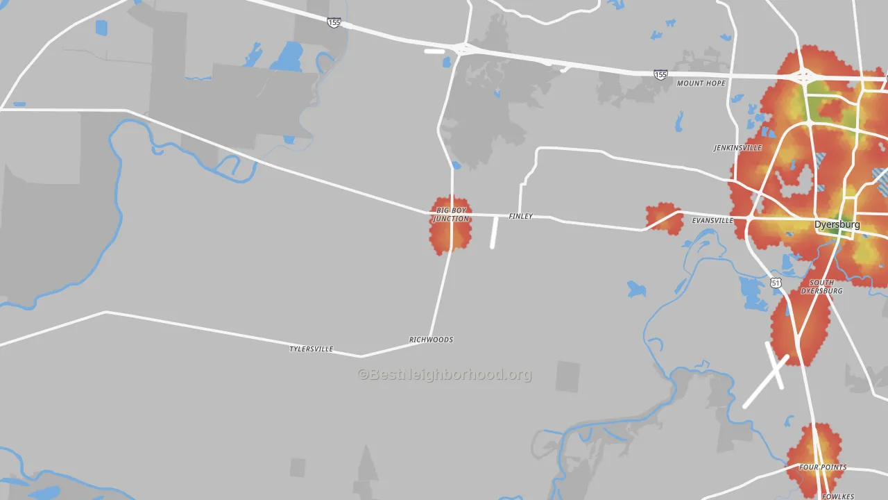 Walk Grade map of 38030, TN, walkable areas in green and car-dependent areas in red
