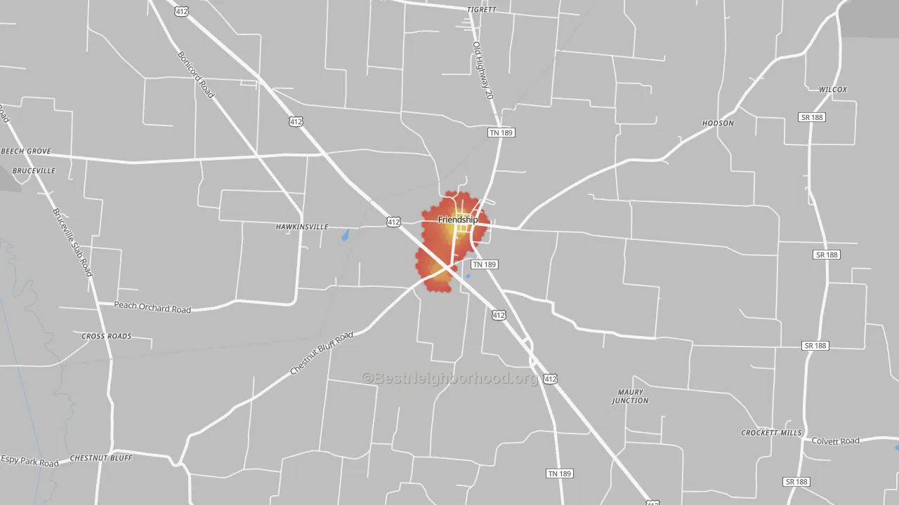 Walk Grade map of 38034, TN, walkable areas in green and car-dependent areas in red