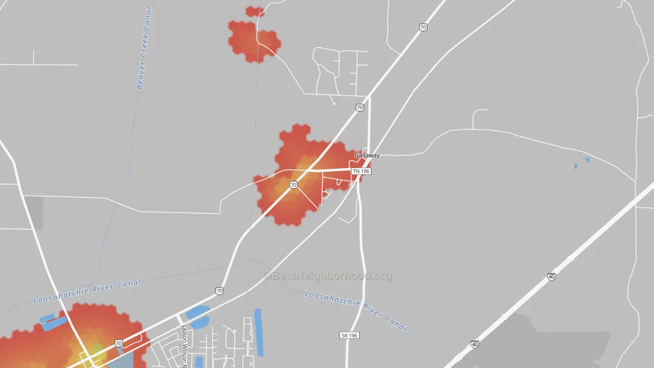 Walk Grade map of 38036, TN, walkable areas in green and car-dependent areas in red