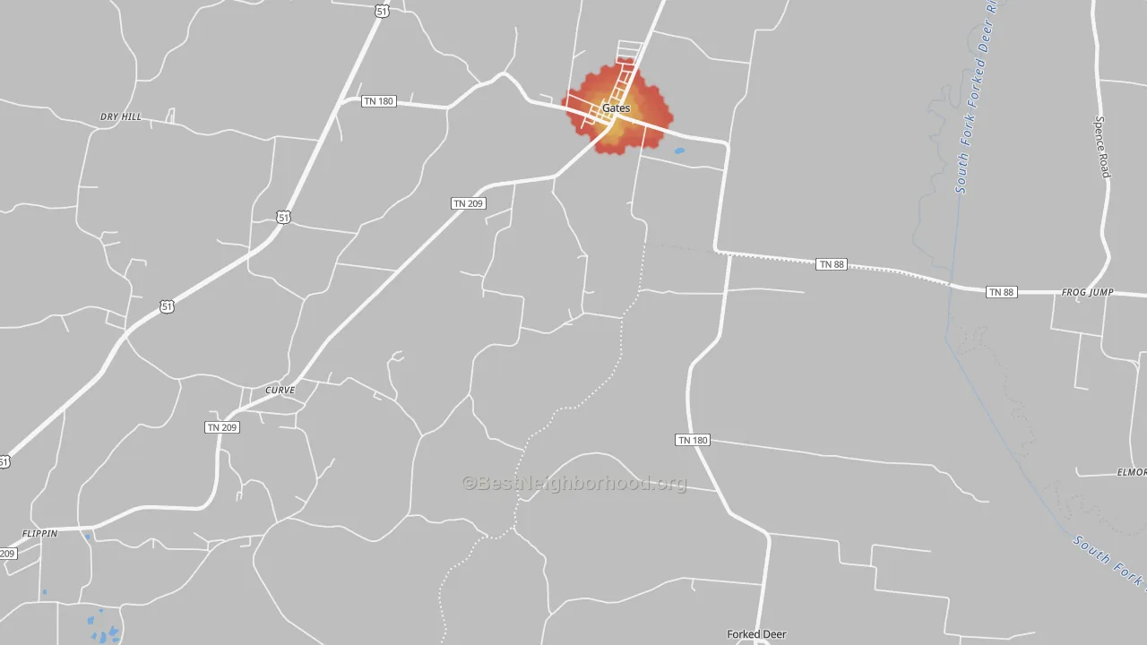 Walk Grade map of 38037, TN, walkable areas in green and car-dependent areas in red