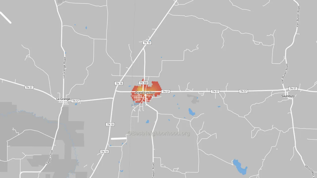Walk Grade map of 38039, TN, walkable areas in green and car-dependent areas in red