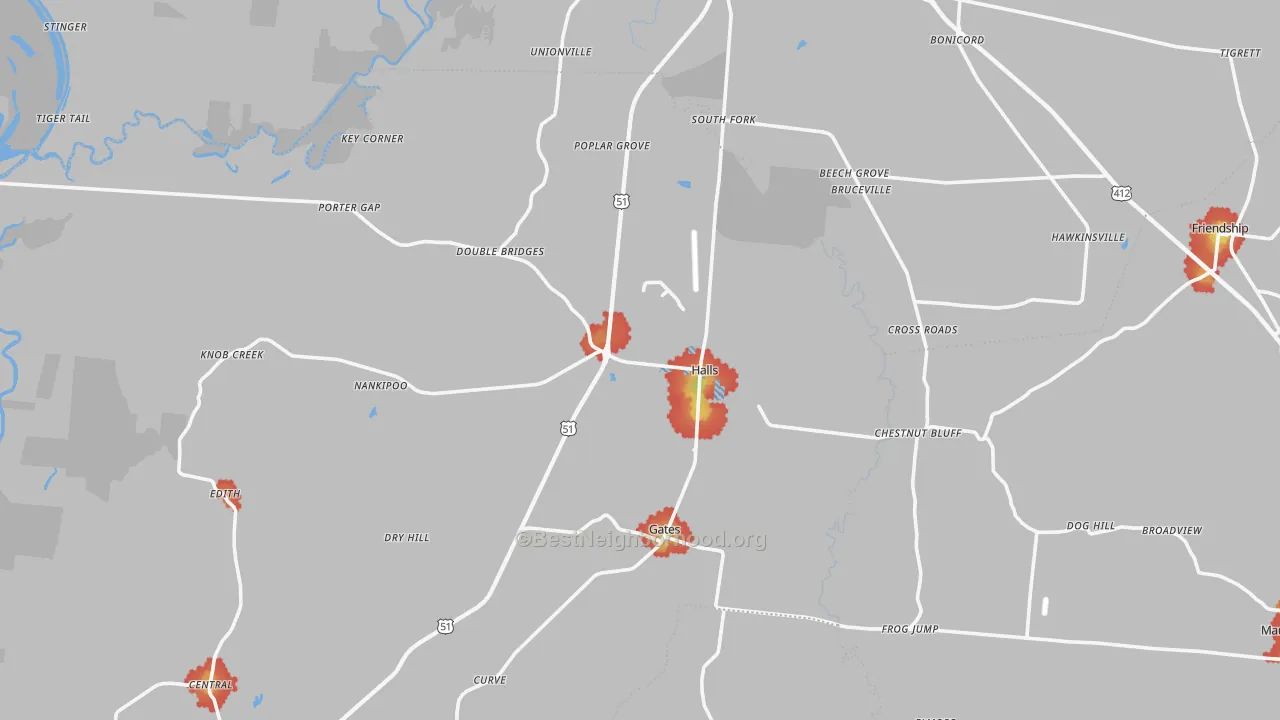 Walk Grade map of 38040, TN, walkable areas in green and car-dependent areas in red