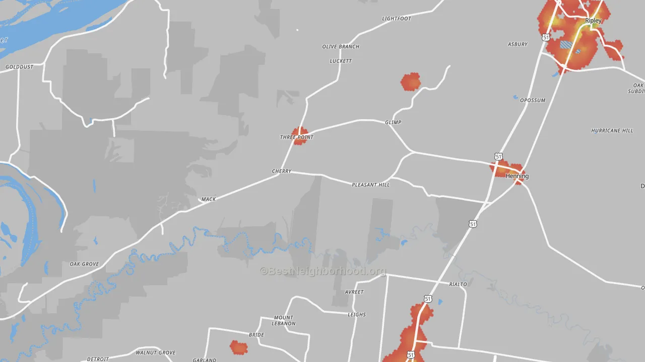 Walk Grade map of 38041, TN, walkable areas in green and car-dependent areas in red