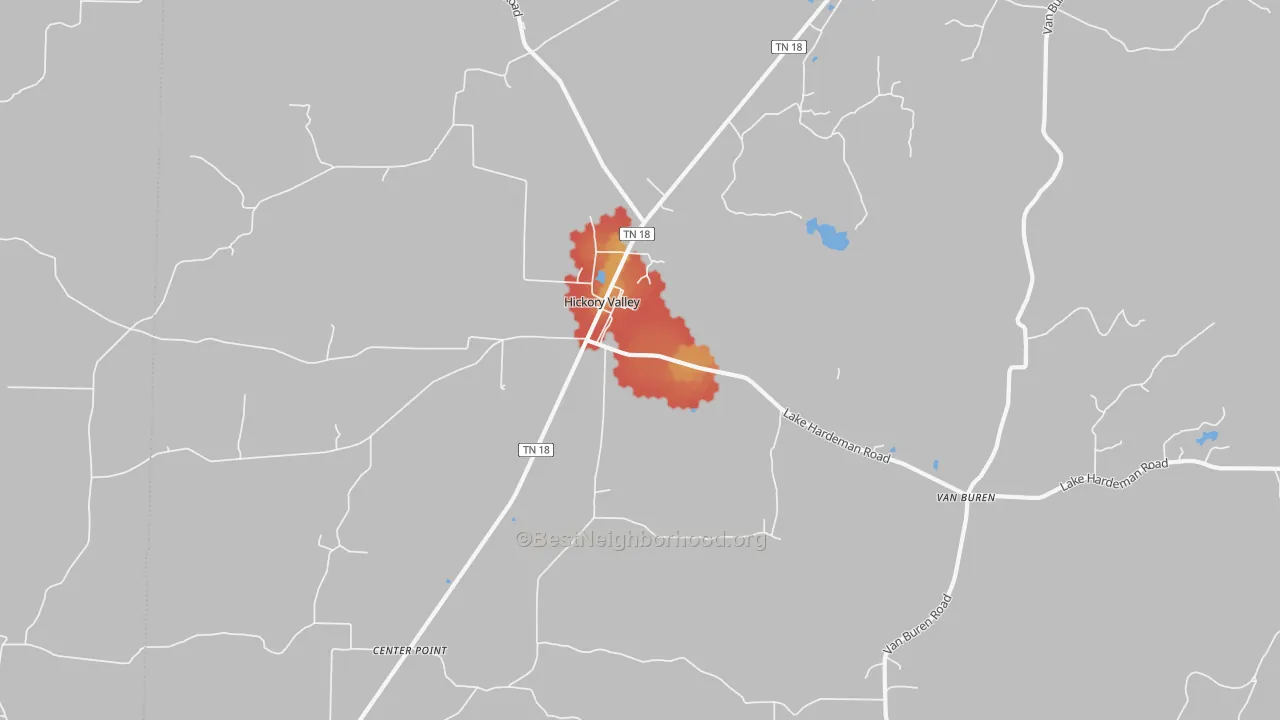 Walk Grade map of 38042, TN, walkable areas in green and car-dependent areas in red