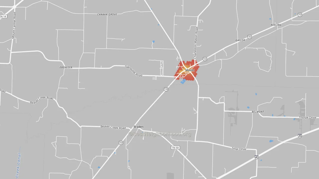 Walk Grade map of 38049, TN, walkable areas in green and car-dependent areas in red