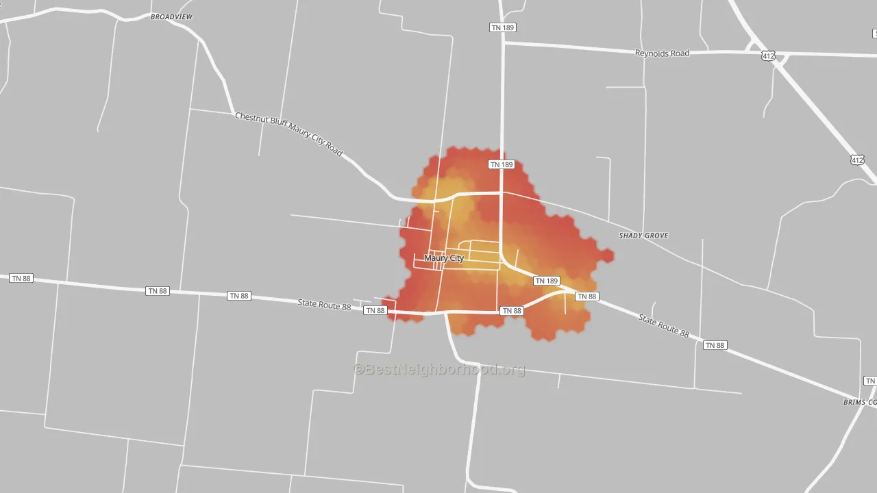 Walk Grade map of 38050, TN, walkable areas in green and car-dependent areas in red
