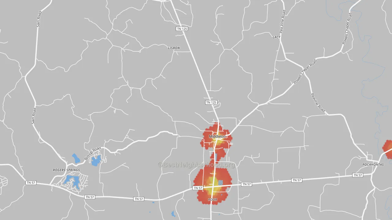 Walk Grade map of 38052, TN, walkable areas in green and car-dependent areas in red