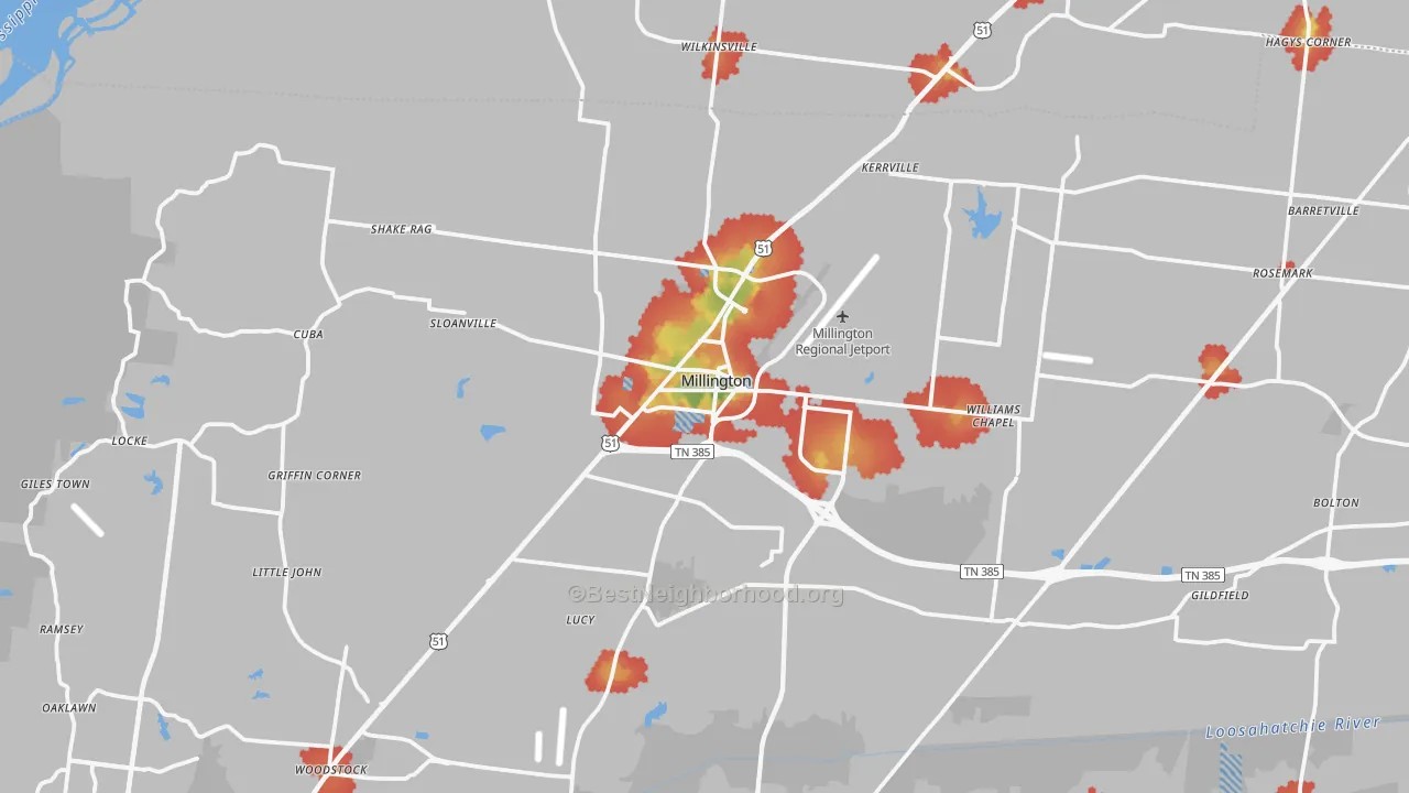 Walk Grade map of 38053, TN, walkable areas in green and car-dependent areas in red