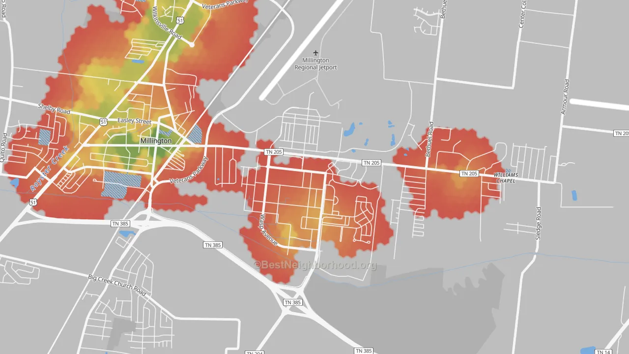 Walk Grade map of 38054, TN, walkable areas in green and car-dependent areas in red