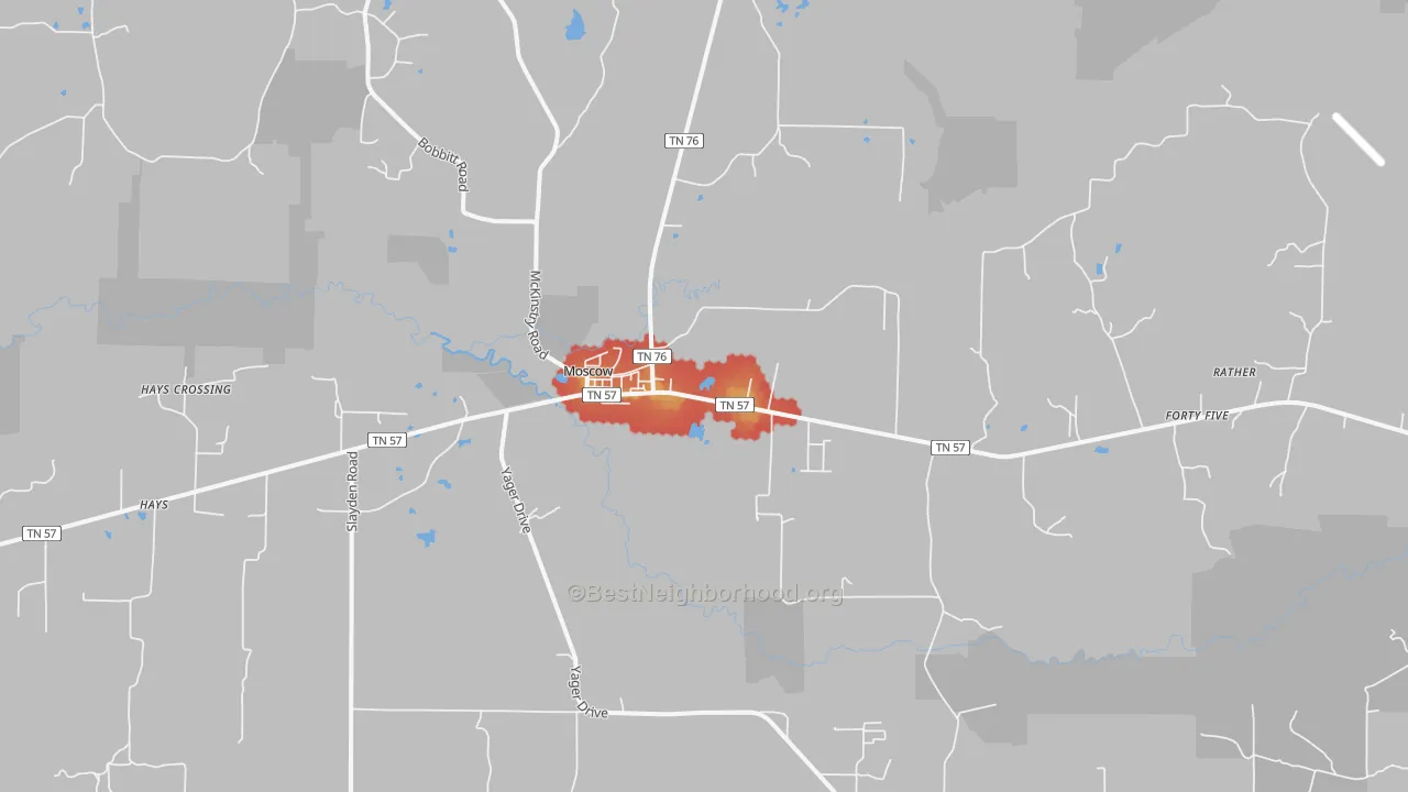 Walk Grade map of 38057, TN, walkable areas in green and car-dependent areas in red