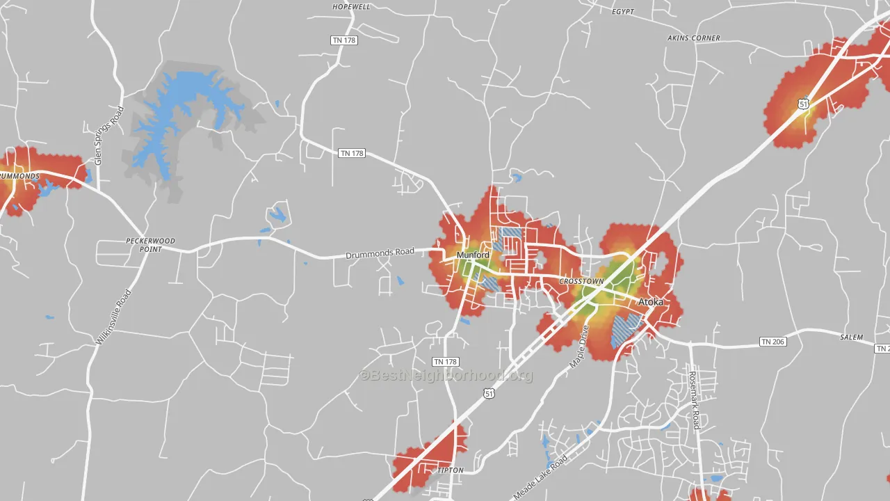 Walk Grade map of 38058, TN, walkable areas in green and car-dependent areas in red