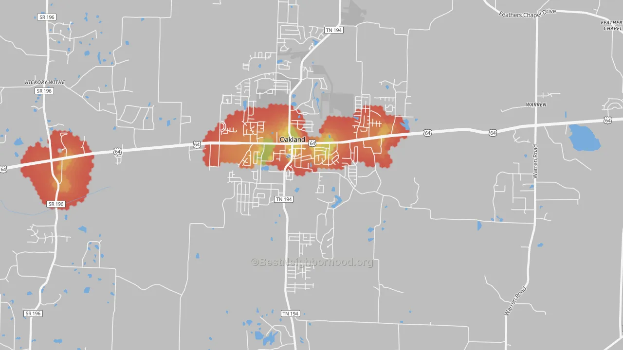 Walk Grade map of 38060, TN, walkable areas in green and car-dependent areas in red