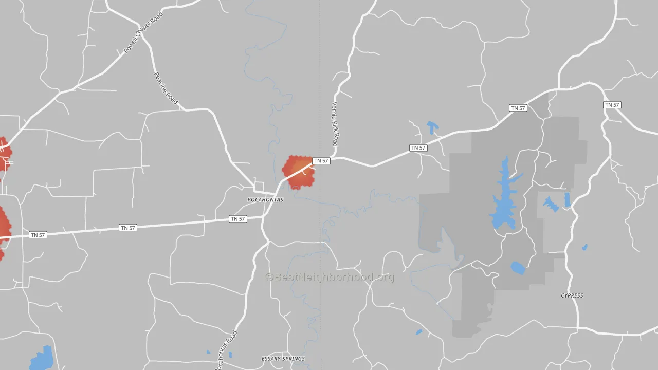 Walk Grade map of 38061, TN, walkable areas in green and car-dependent areas in red