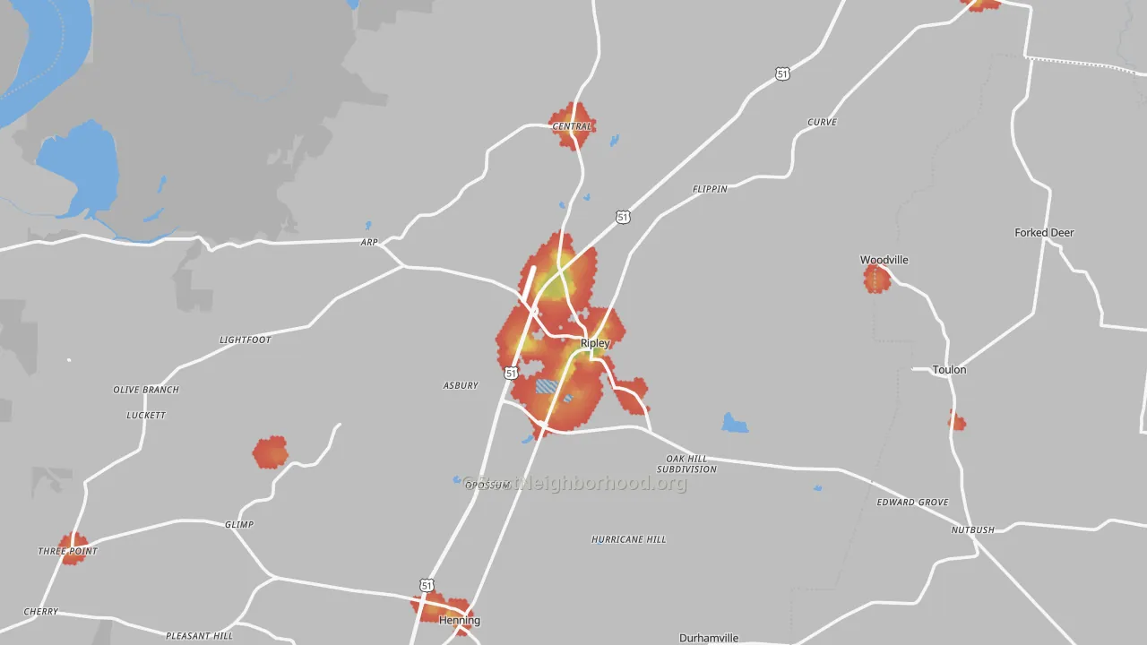 Walk Grade map of 38063, TN, walkable areas in green and car-dependent areas in red