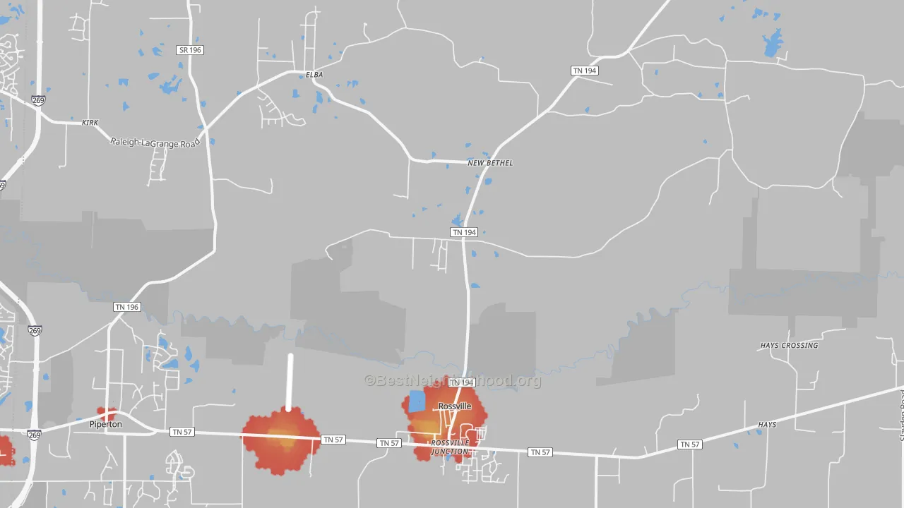 Walk Grade map of 38066, TN, walkable areas in green and car-dependent areas in red