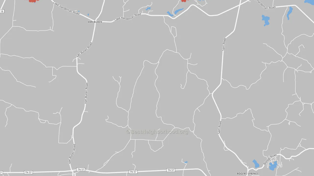 Walk Grade map of 38067, TN, walkable areas in green and car-dependent areas in red