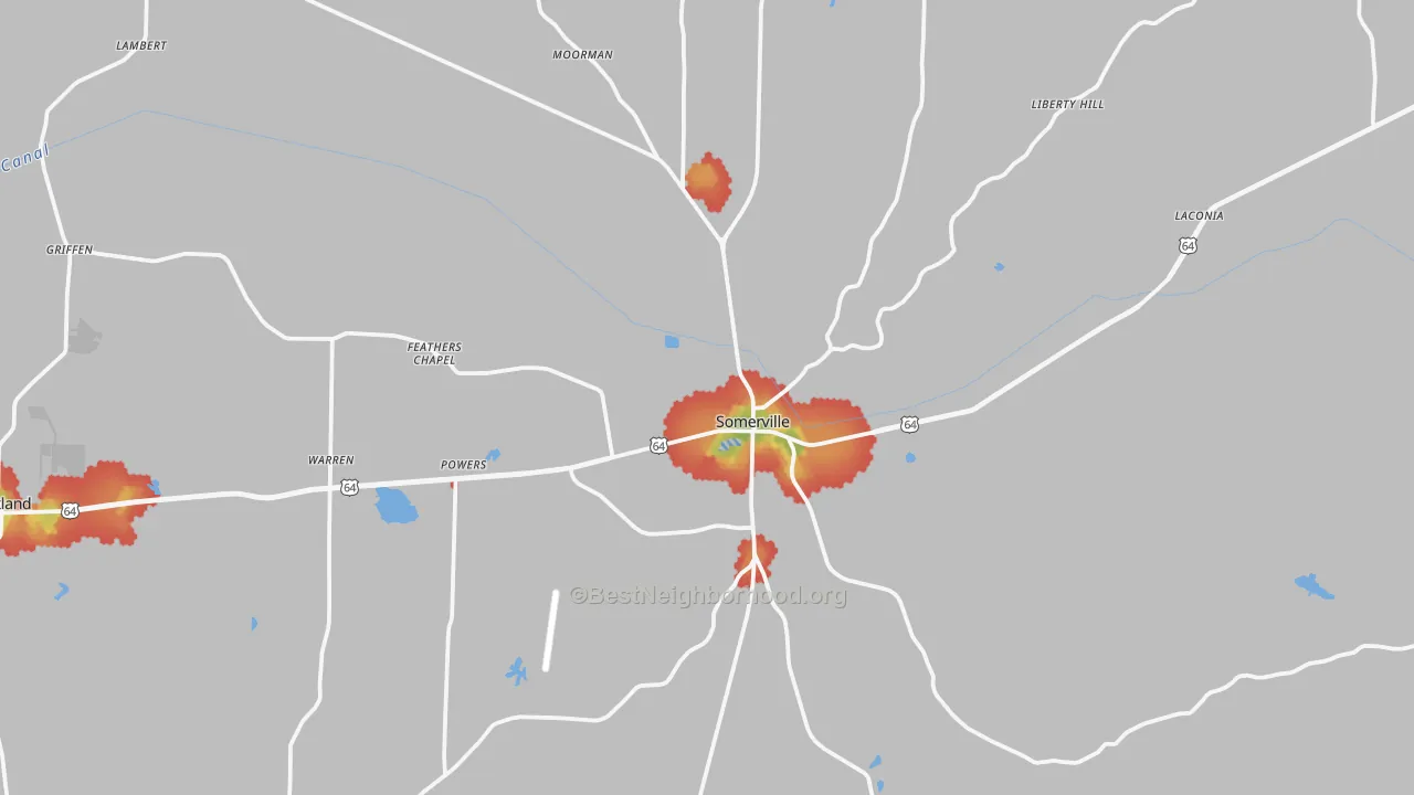 Walk Grade map of 38068, TN, walkable areas in green and car-dependent areas in red