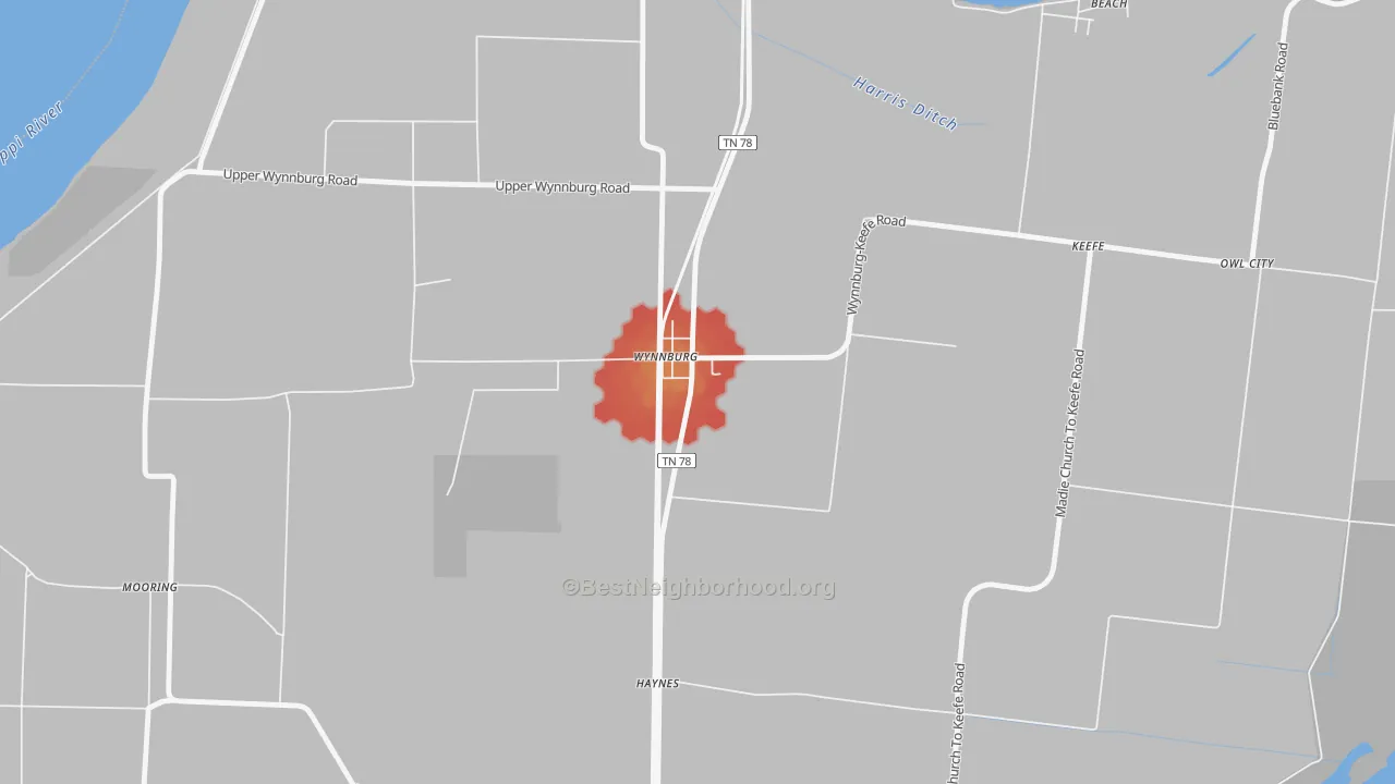 Walk Grade map of 38077, TN, walkable areas in green and car-dependent areas in red