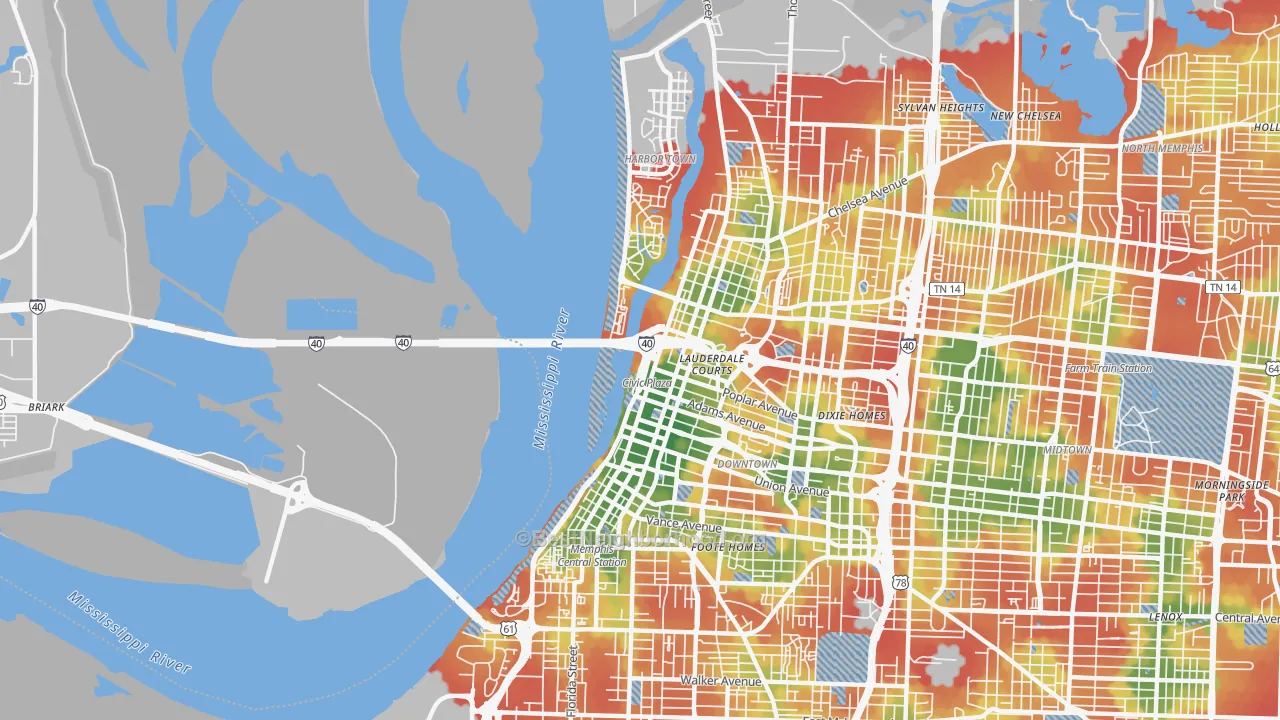 Walk Grade map of 38103, TN, walkable areas in green and car-dependent areas in red