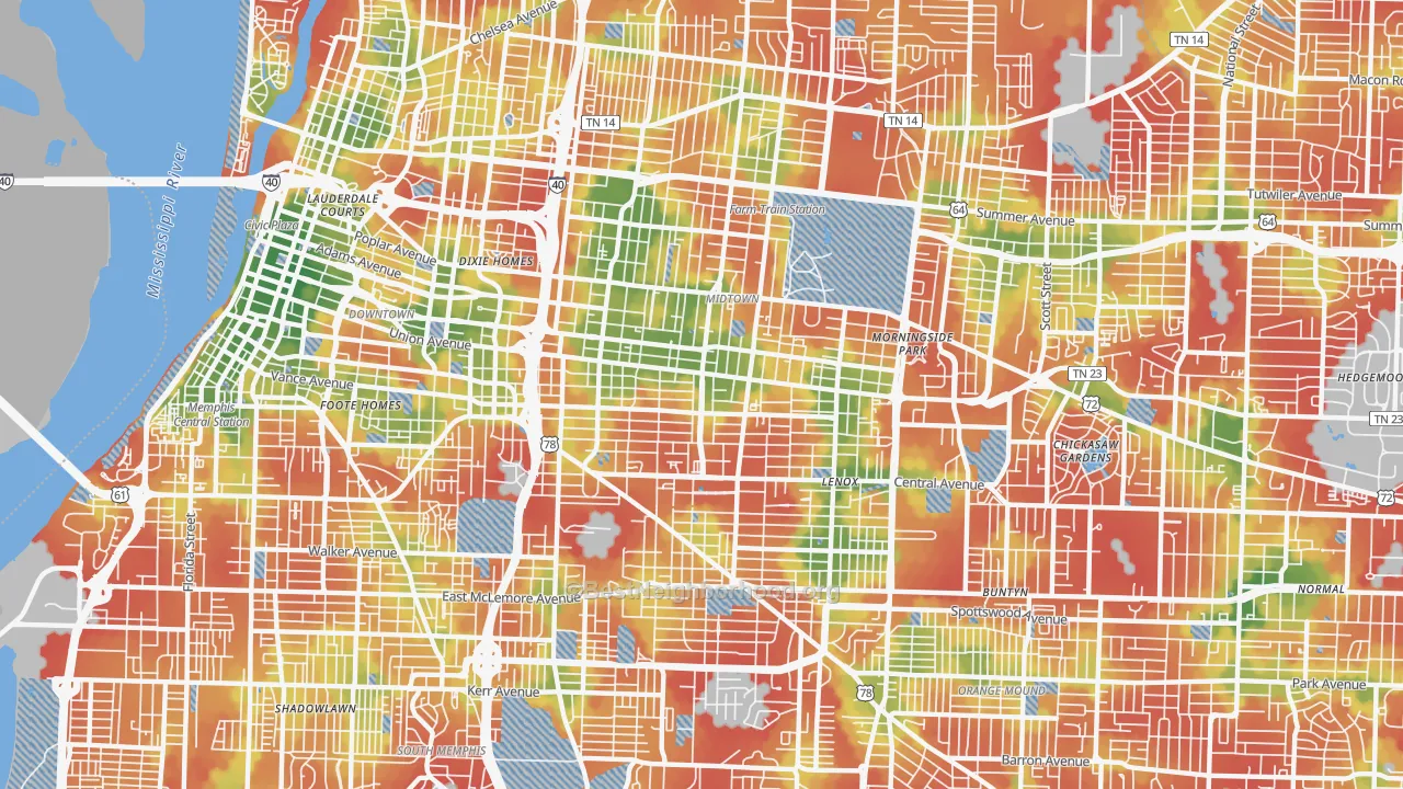 Walk Grade map of 38104, TN, walkable areas in green and car-dependent areas in red