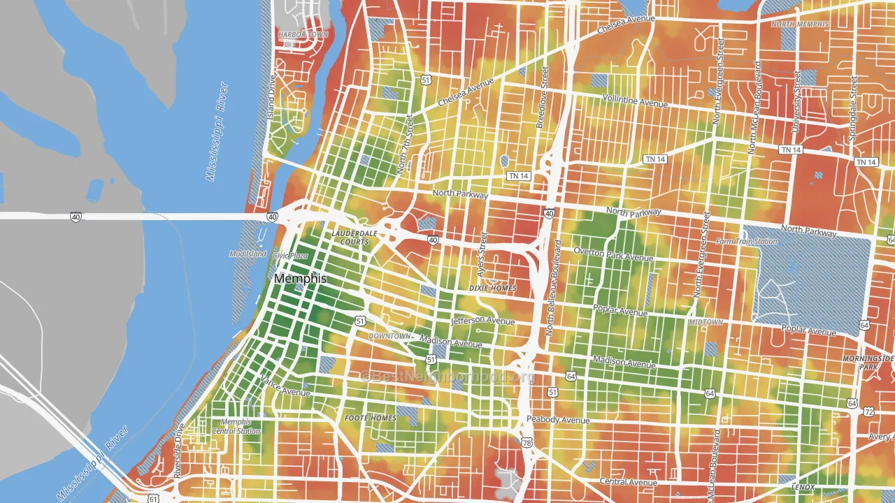 Walk Grade map of 38105, TN, walkable areas in green and car-dependent areas in red