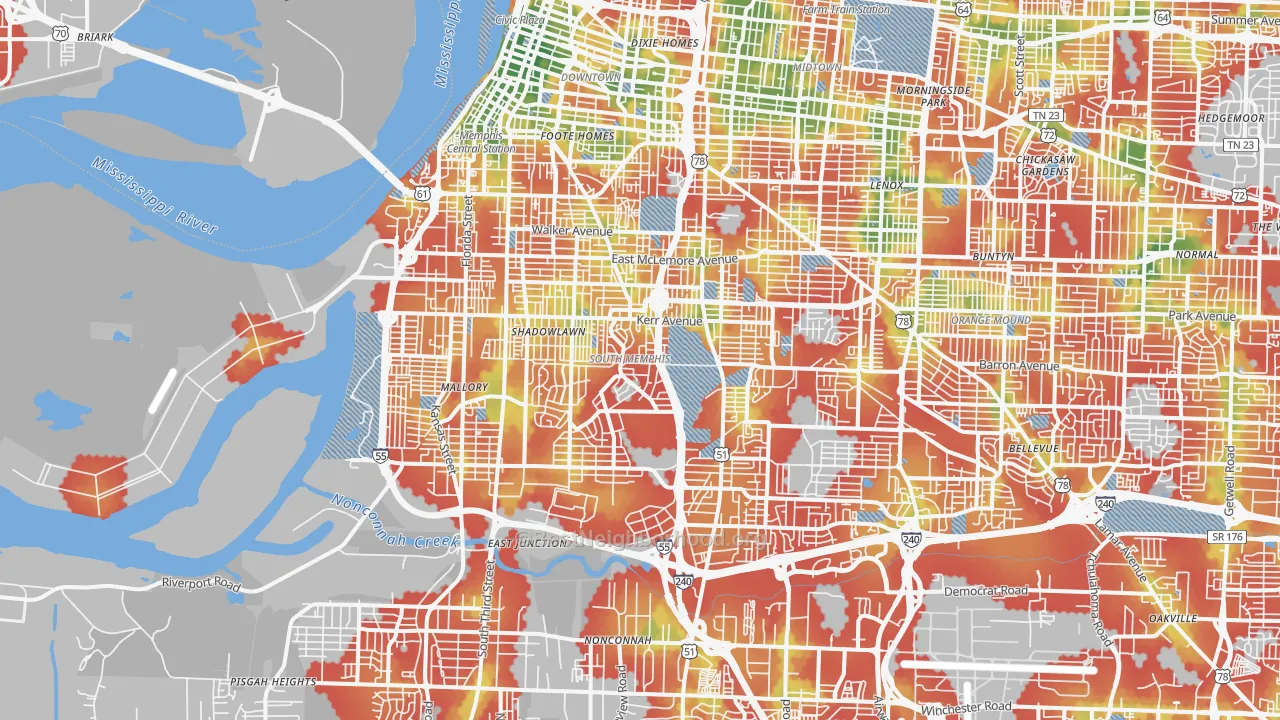Walk Grade map of 38106, TN, walkable areas in green and car-dependent areas in red