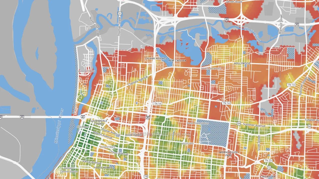 Walk Grade map of 38107, TN, walkable areas in green and car-dependent areas in red