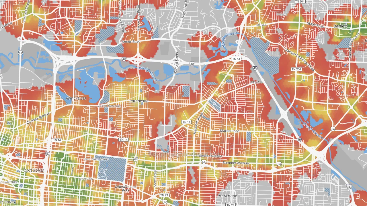 Walk Grade map of 38108, TN, walkable areas in green and car-dependent areas in red