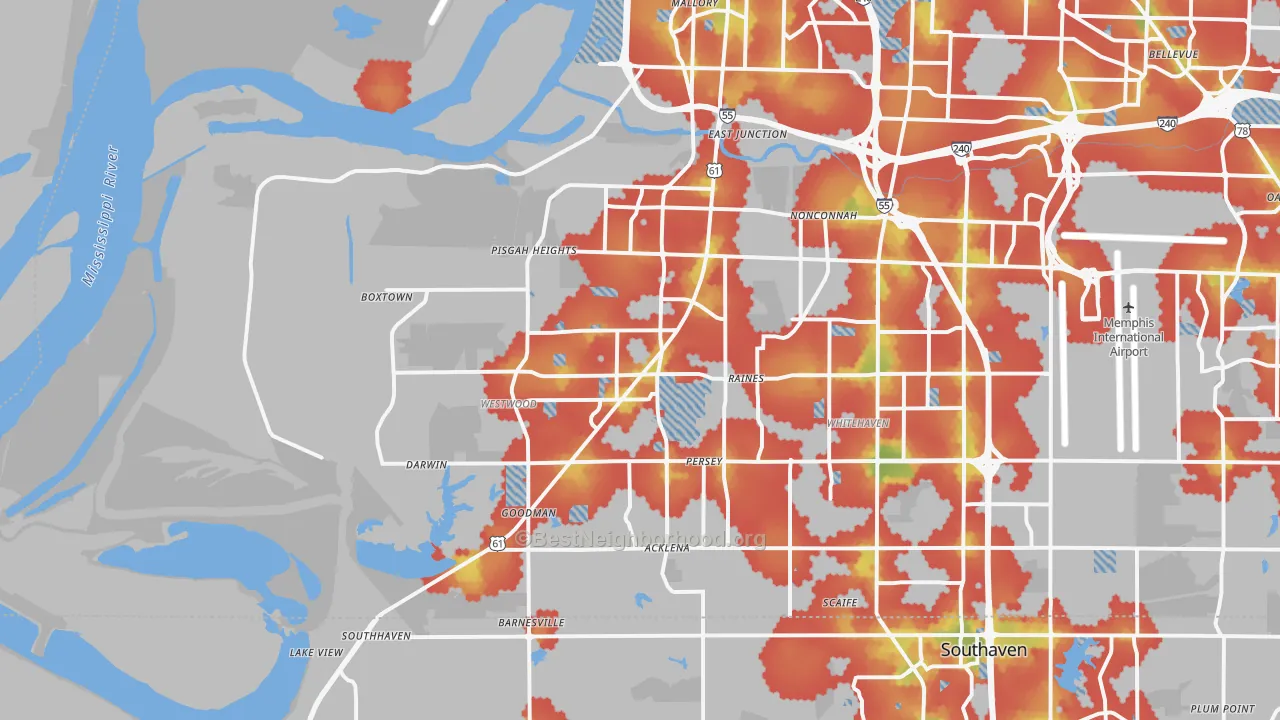 Walk Grade map of 38109, TN, walkable areas in green and car-dependent areas in red