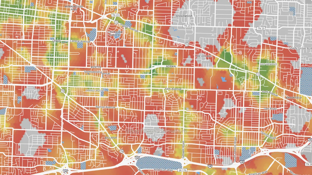 Walk Grade map of 38111, TN, walkable areas in green and car-dependent areas in red