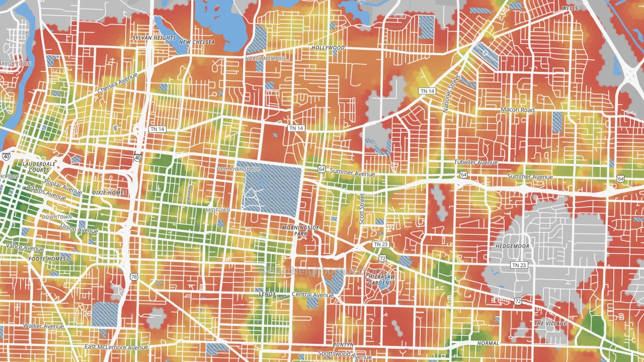 Walk Grade map of 38112, TN, walkable areas in green and car-dependent areas in red