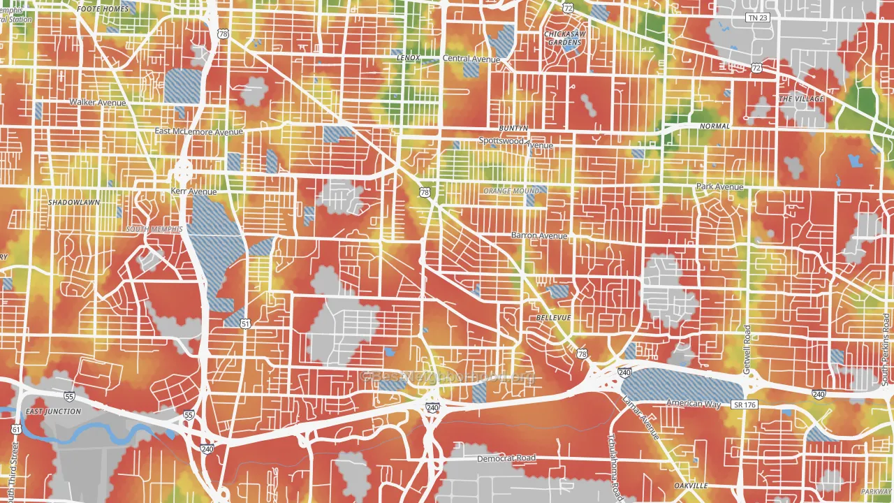 Walk Grade map of 38114, TN, walkable areas in green and car-dependent areas in red