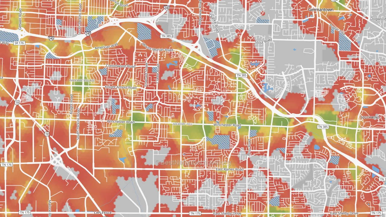 Walk Grade map of 38115, TN, walkable areas in green and car-dependent areas in red