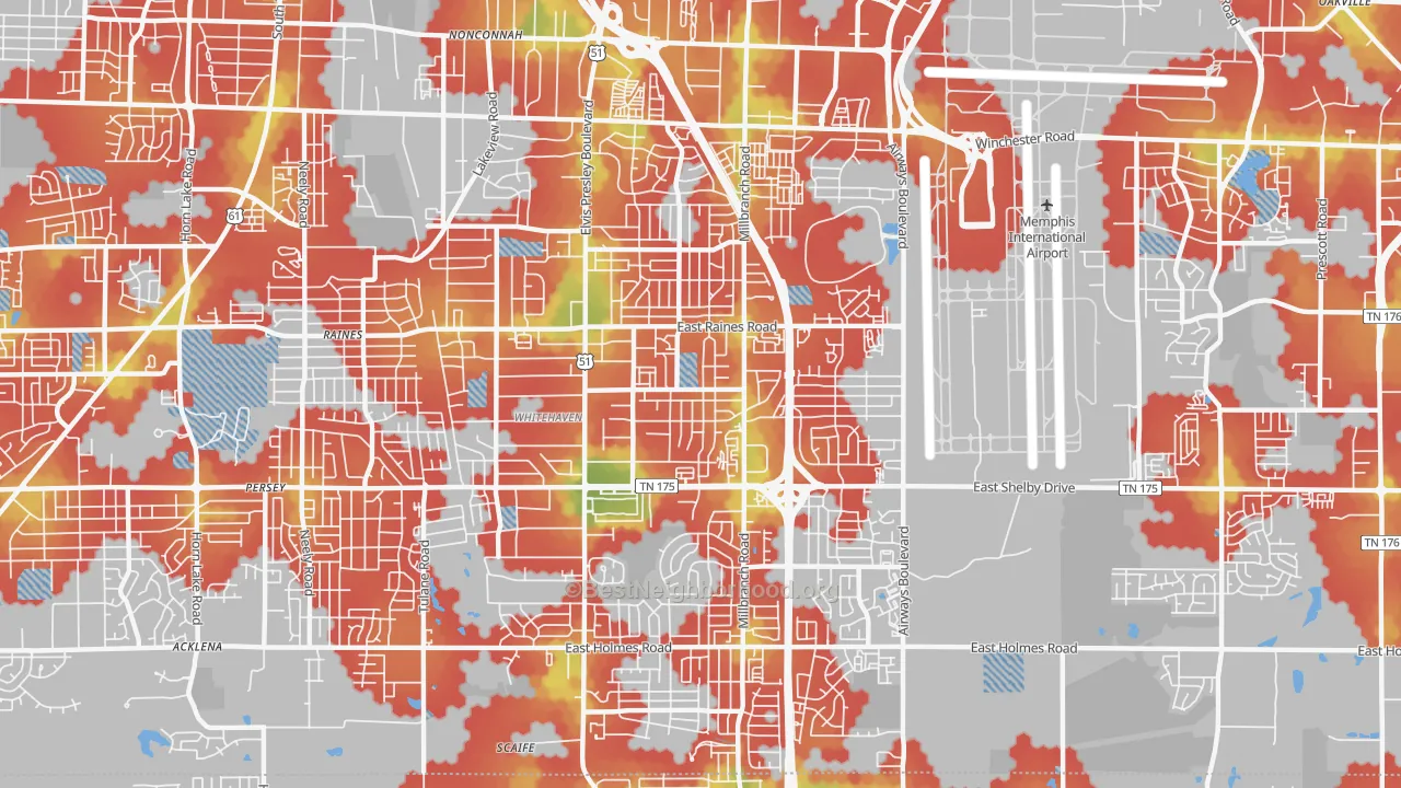 Walk Grade map of 38116, TN, walkable areas in green and car-dependent areas in red