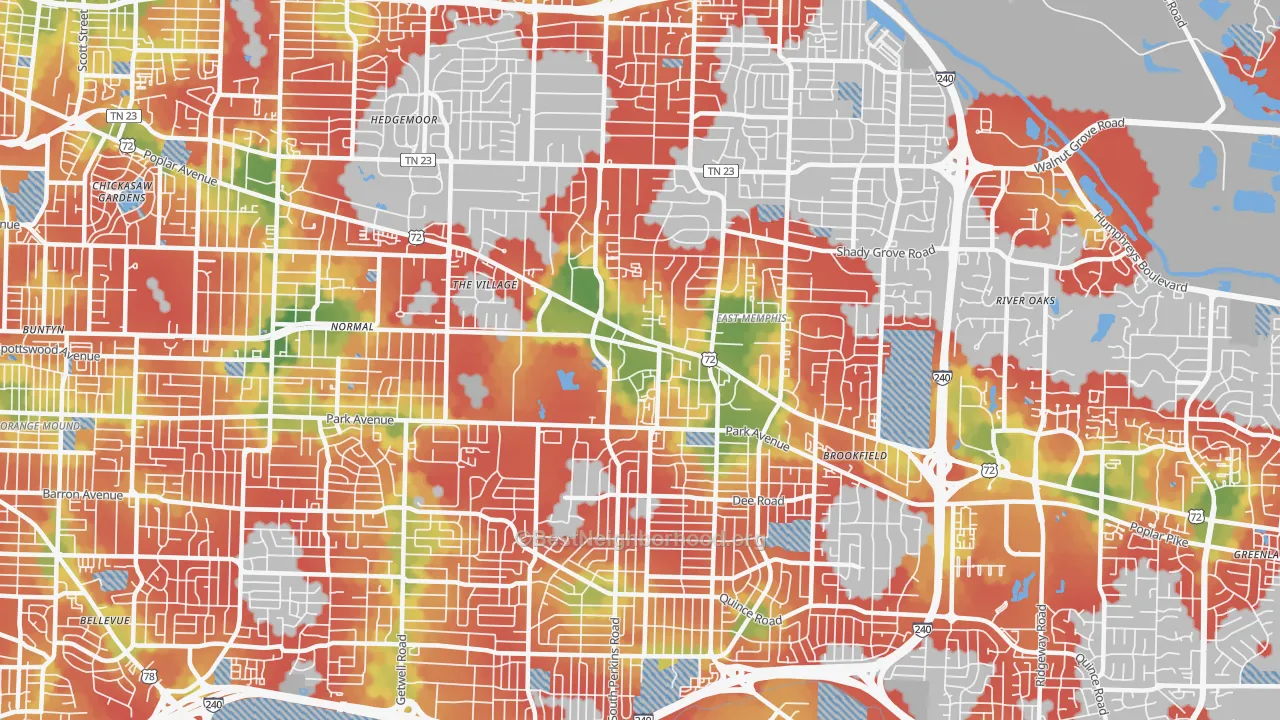 Walk Grade map of 38117, TN, walkable areas in green and car-dependent areas in red