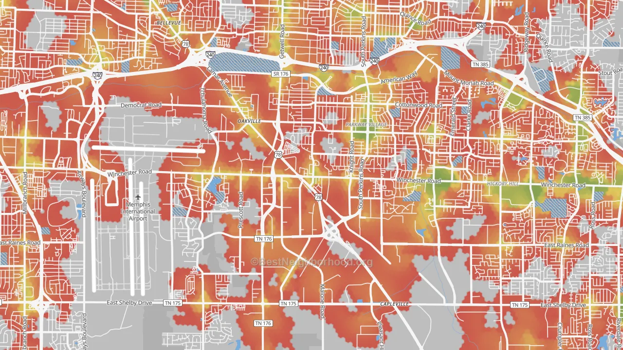 Walk Grade map of 38118, TN, walkable areas in green and car-dependent areas in red