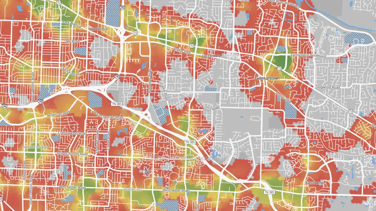 Walk Grade map of 38119, TN, walkable areas in green and car-dependent areas in red