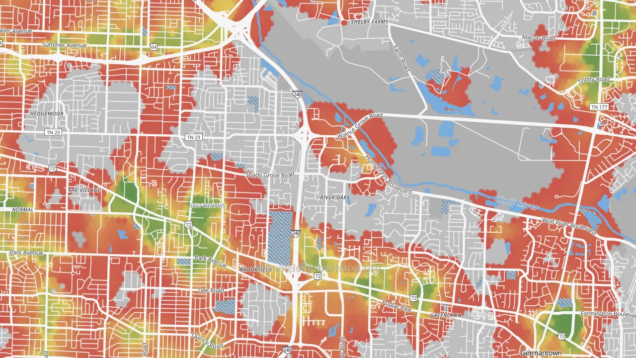 Walk Grade map of 38120, TN, walkable areas in green and car-dependent areas in red