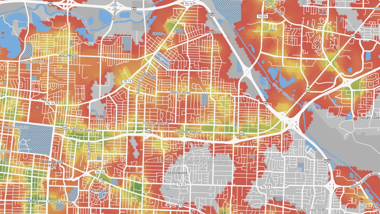 Walk Grade map of 38122, TN, walkable areas in green and car-dependent areas in red