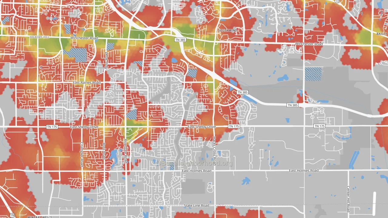 Walk Grade map of 38125, TN, walkable areas in green and car-dependent areas in red