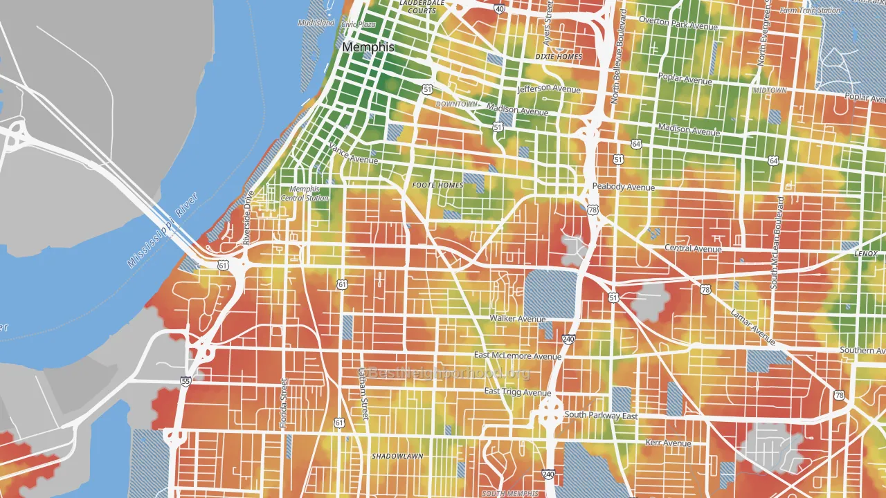 Walk Grade map of 38126, TN, walkable areas in green and car-dependent areas in red
