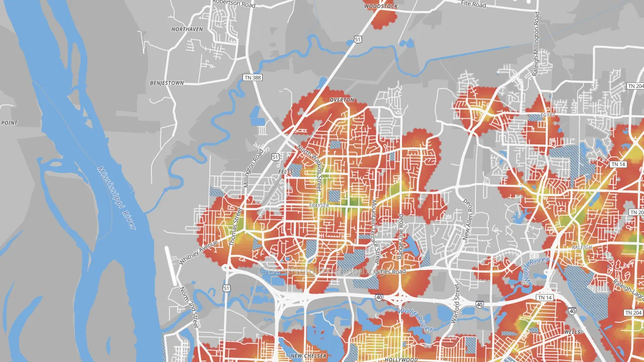 Walk Grade map of 38127, TN, walkable areas in green and car-dependent areas in red