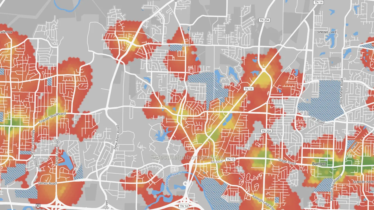 Walk Grade map of 38128, TN, walkable areas in green and car-dependent areas in red
