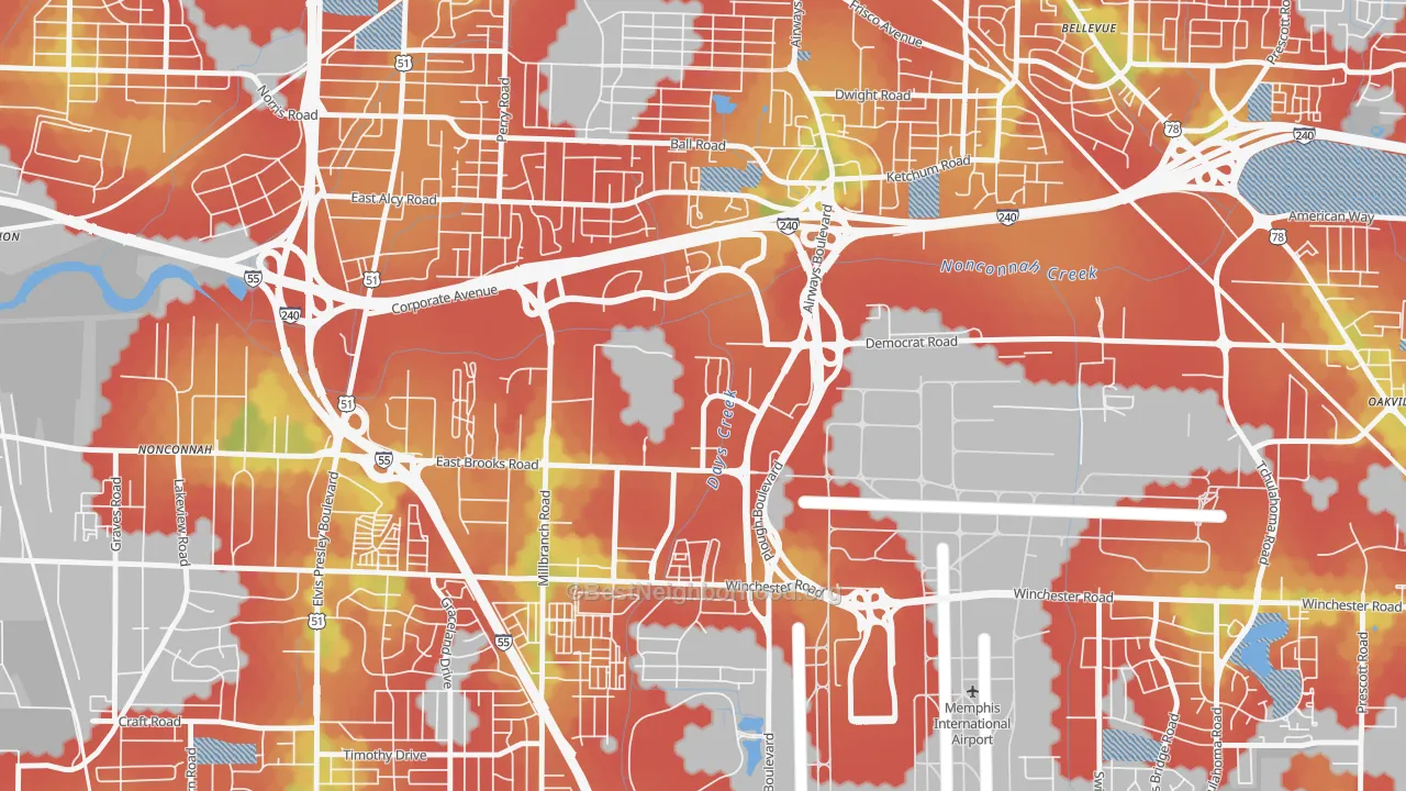 Walk Grade map of 38131, TN, walkable areas in green and car-dependent areas in red