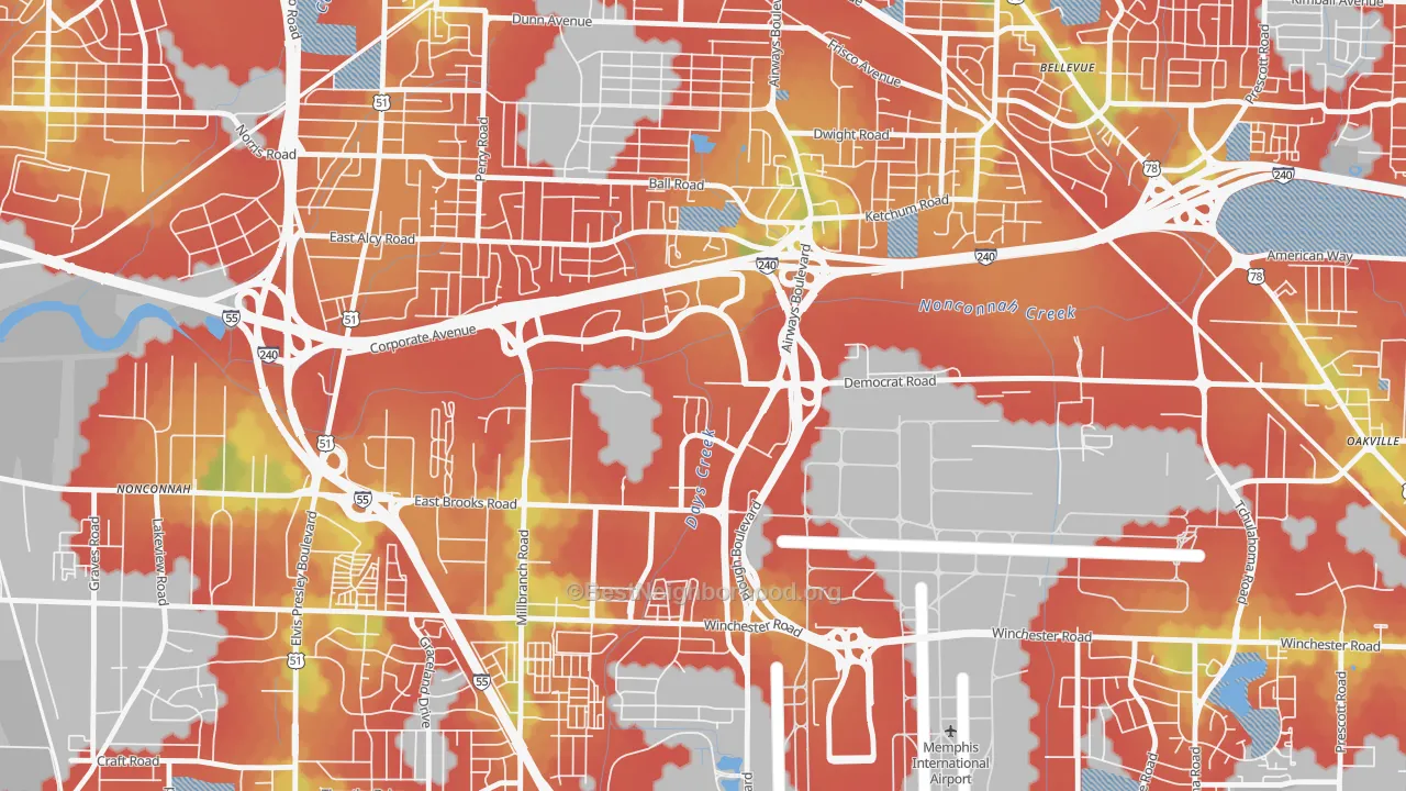 Walk Grade map of 38132, TN, walkable areas in green and car-dependent areas in red