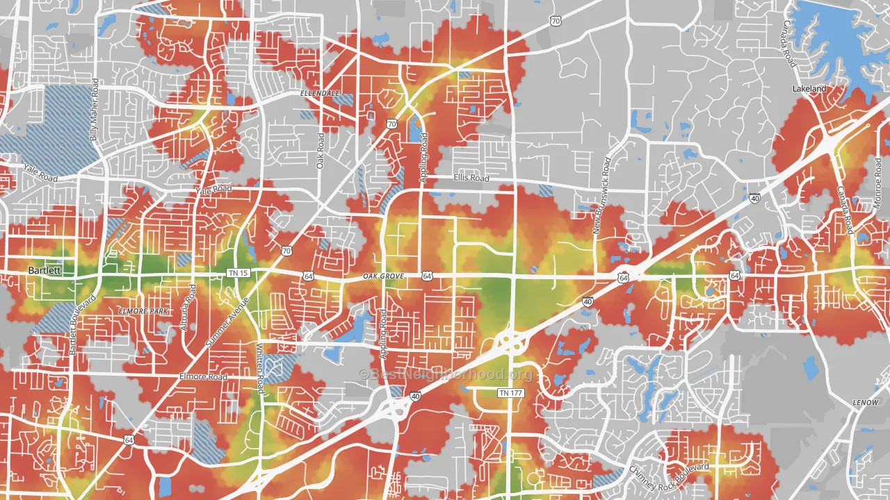 Walk Grade map of 38133, TN, walkable areas in green and car-dependent areas in red